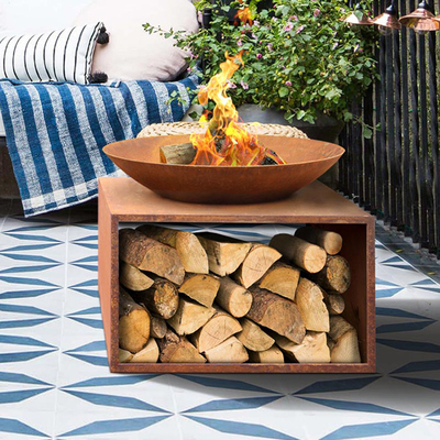 Openluchtstaalbrand Pit Large Corten Steel Brazier met Houten Opslagrek